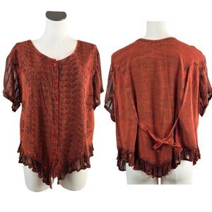 Kirat Plus Burnt Orange Rayon Embroidered Top Blouse Boho Fall Festival Western